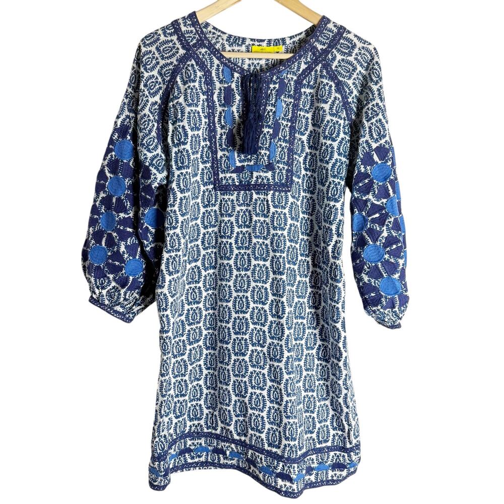 Roberta Roller Rabbit Blue Block Print Embroidered Long Sleeve Tassel Mini Dress